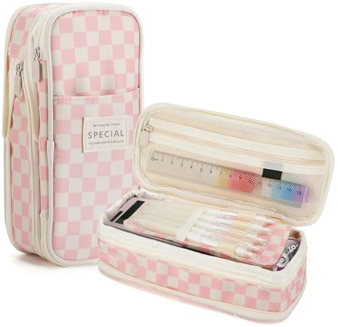 VICDUEKG Federmäppchen Mäppchen Federtaschen Etui 4 Fach Schulmäppchen Große Kapazität kariert Pencil Case Stifttasche für Schule & Büro (Rosa)