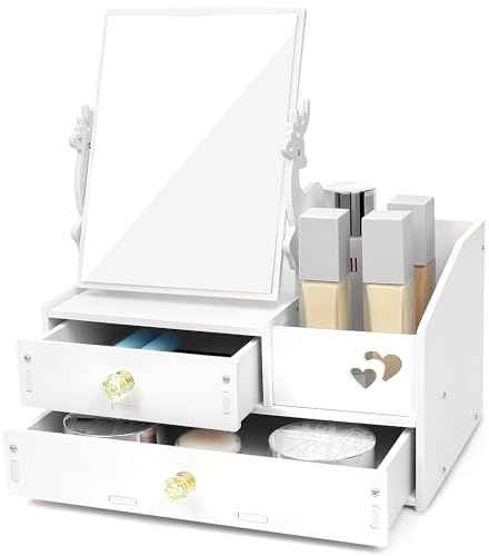 LEcylankEr Schminktisch Organizer mit 360° Spiegel und Schublade | Make up Organizer, Kosmetik Organizer aus PVC Weiß, Montage Erforderlich, mit Anleitung und Werkzeu