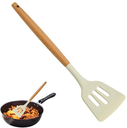 Mango de madera de espátula de silicona - herramienta de cocina de calor, torneador de cocción antiadherente | Utensilio con ranuras para hornear, voltear, mezclar, saltar, preparar