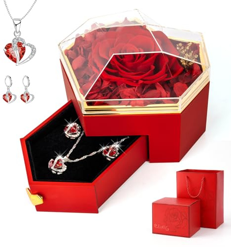 Orifesio Rose Éternelle avec Collier Cœur et Boucles d'Oreilles, Coffret Cadeau Rose Eternel pour Femme, Boîte à Bijoux pour Amie, Cadeaux pour Saint Valentin, Fête des Mères, Noël, Anniversaire