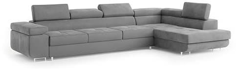 Masseno Ecksofa Vicente M R-S mit Schlaffunktion L-Form, Glamour Sofa mit Bettkasten, Wohnzimmersofa, Couch, Soffa, Bettsofa, Couchgarnitur - Grau, Monolith 85
