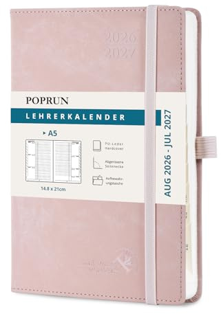 POPRUN Lehrerkalender 2026 2027 Hardcover ca.A5(21 x 14,8cm) auf Deutsch | Lehrerplaner für Lehrerinnen und Lehrer,mit Monatliches Register,Schulplaner mit PU-Leder,für die Unterricht(Rosa)