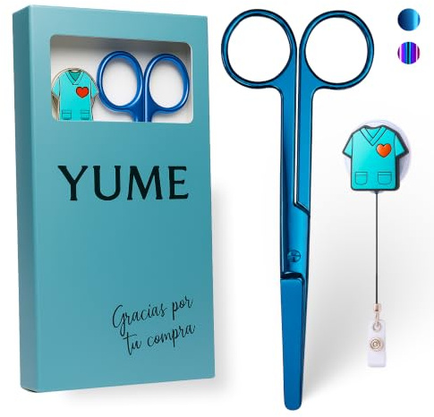 YUME Tijeras Enfermeria de Acero Inoxidable con Punta Roma Profesional + Llavero Retráctil de Regalo | Tijeras Mayo | Regalos Perfectos para Enfermeras | TCAE accesorios (color Azul)