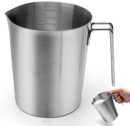 Umllpet Vaso Medidor de 1 Litro en Acero Inoxidable 304 Calidad Alimentaria, Con Asa y Escala en ML y Onzas, Jarra Medidora para Leche, Café y Hielo
