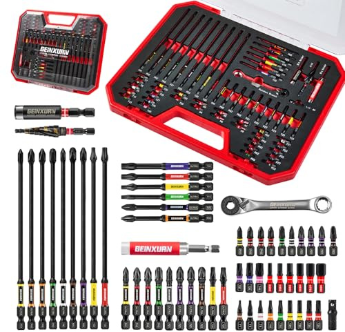 Geinxurn Lot 58 Pièces Set Embouts Tournevis Anti-Choc, Incl. Jeu Embouts Acier S2 (PH/PZ/TORX/HEX), Mini Cliquet, Perceuse Étages, Adaptateur Douille, Porte-Embouts Magnétique, Boîte Rouge