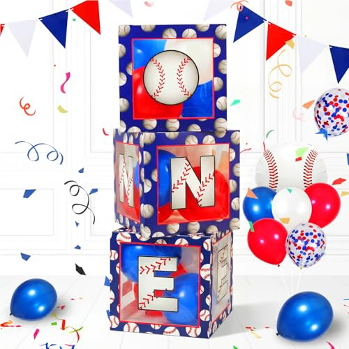 Teyva Daily Baseball 1st Birthday Decorations for Boys ONE Balloon Boxes Red Blue White Balloons Rookie Year 1st Birthday Decor Baseball First Bday Party Supplies for Boys One Year Old Baby Shower