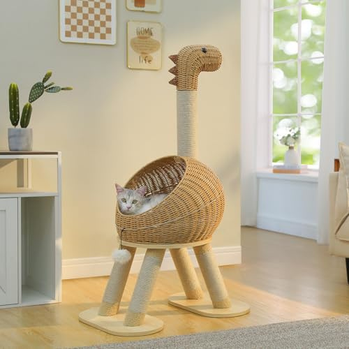PETEPELA Arbre À Chat en Forme de Dinosaure avec Panier en Osier Semi-Ouvert 40 cm, 5 Poteaux en Sisal, Niche Confortable, 115 cm