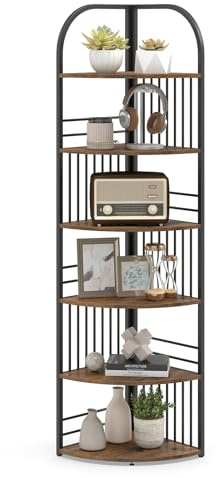 COSTWAY 6-Tier Corner Shelf, Freestanding Bookshelf Shelving Unit, Wooden Storage Bookcase Display Rack Plant Stand for Living Room, Bedroom, Hallway and Office (6-Tier, Rustic Brown+Black)