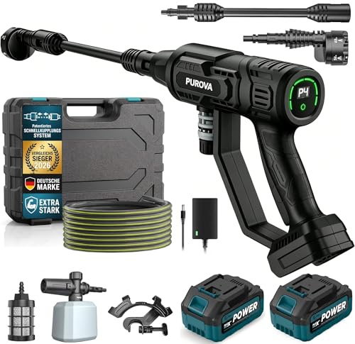 Nettoyeur Haute Pression sans Fil 125 Bar, Moteur sans Balais 1500W & Écran LCD, avec 2X 21V 4.0Ah Batteries, 4 Niveaux de Pressio, 600 L/h, Buse 6-en-1 & Tuyau 5m pour Voiture et Jardin