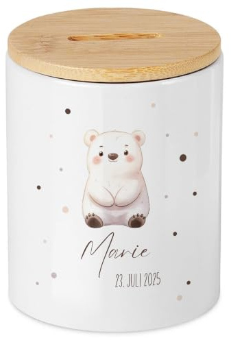 Personalisierte Spardose Bär für Mädchen, Junge Eltern, zur Geburt Baby, Taufe, Wunscherfüller, mit Name und Datum, Geschenk Sparen, süßer Eisbär als Sparschwein