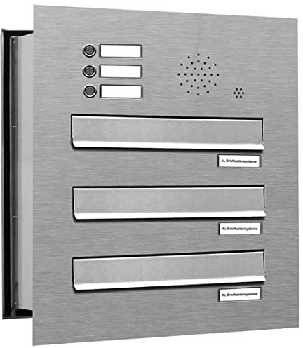 AL Briefkastensysteme 3 er Briefkasten Mauerdurchwurf in V2A Edelstahl mit Klingel, 3 Fach DIN A4, wetterfeste Premium Briefkastenanlage Postkasten