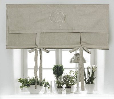 Scheibengardine Raff Gardine Raffrollo Vorhang 'Edith' 100 x 140 cm (BxH) Bestickt mit Monogramm beige Baumwolle Landhaus Shabby French Vintage Retro Antik Nostalgie