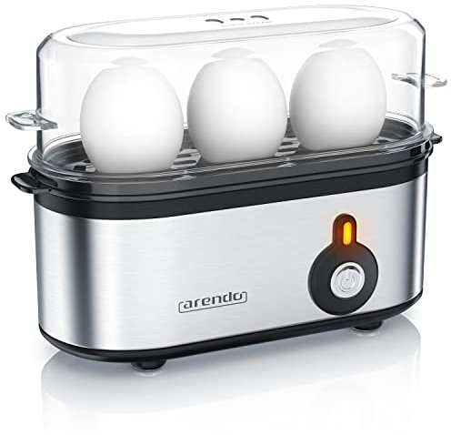Arendo - Cuiseur à oeufs en acier inoxydable Threecook, Egg cooker 1-3 oeufs, Dur, Mollet ou à la Coque, Verre doseur avec Perce, Indicateur Lumineux, 210W, Base anti-dérapante, sans BPA, certifié GS