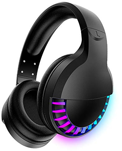 Wireless Bluetooth Headphone with Noise Cancellation HiFi Stereo Sound Mic Deep Bass Protein Earpad Rainbow RGB Backlight Rechageable Over Ear Headset for PC Mac Game Travel Class Home Office(Black)