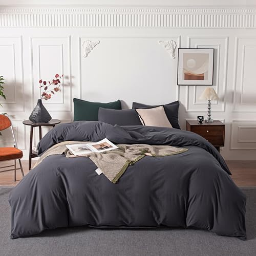 Janlive Washed Cotton Duvet Cover Set Linen Feel Textured Ultra Soft 100% Cotton Solid Color Charcoal Gray Duvet Cover Set with Zipper Closure -3 Pieces Dark Grey Queen