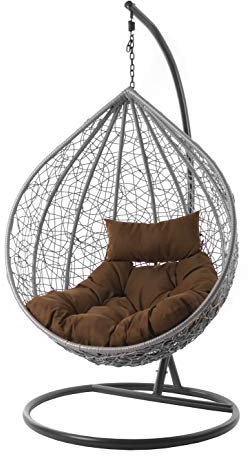 Kideo® Komplettset: großer Hängesessel mit Gestell & Kissen, Lounge Möbel, Poly-Rattan, XXL, grau (Kissen: Dunkelbraun Chesterstepp (7790 Chocolate))