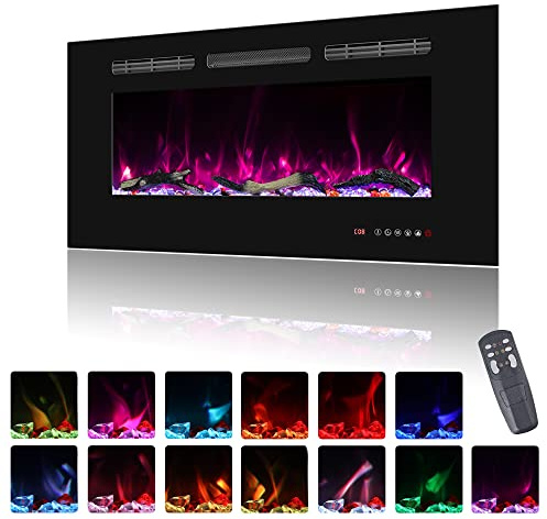 Oxhark Flame Elektrokamin Wandmontage, 13 Farbmodi LED flammeneffekt, 92 cm Kamin Heizung Glas-Touchscreen und Fernbedienung,1500W(36)