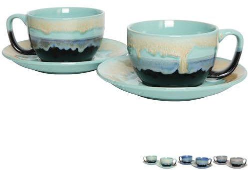 Bosmarlin Ceramic Cappuccino Cup and Saucer Set of 2, 10 Oz, Dishwasher and Microwave Safe, Coffee Cups for Latte, Espresso, Tea, Reavtive Glaze (Pastel Blue, 10 oz)