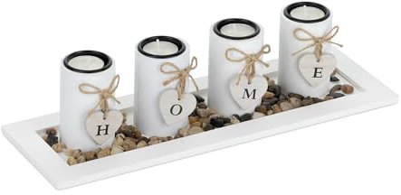 Relaxdays Set Portavelas con Bandeja y Piedras Decorativas, 39,5 cm de Largo, 4 Velitas, Decoración de Mesa, Blanco, Tablero de Fibras