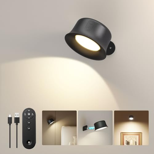 FULEN LED Wandleuchte Innen, Wandlampe mit Akku, Fernbedienung mit Touch Control, 360° Drehbare, für Wohnzimmer Schlafzimmer TreppenhausFlur kabellose wandleuchten, Schwarz 1 Stück