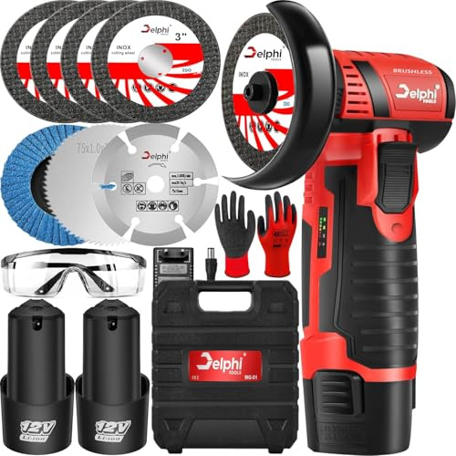 DELPHI Mini Meuleuse d'angle sans Fil 75mm 12V 2 Batteries Moteur Brushless Rechargeable Mini Ponceuse Puissante Mini Akkuflex 7x Disques de Coupe avec Cas de Transport