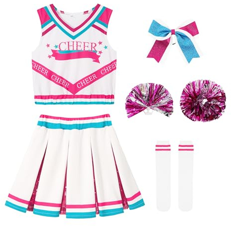 LOLANTA Costume da Ragazza Cheerleader, Bambini Cheerleader Uniforme Outfit con Pompoms Calze, Carnevale o Evento Sportivo Fancy Dress Up per le Ragazze(Rosa, 5-6 anni, 120)