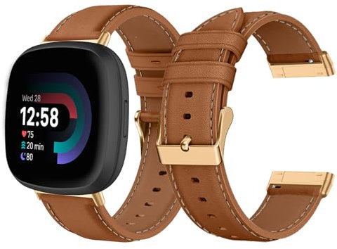 LanQii Lederarmband Kompatibel mit Fitbit Versa 4/3/Sense 2, Damen und Herren Leder Uhrenarmband Ersatzarmbänder für Fitbit, Braun
