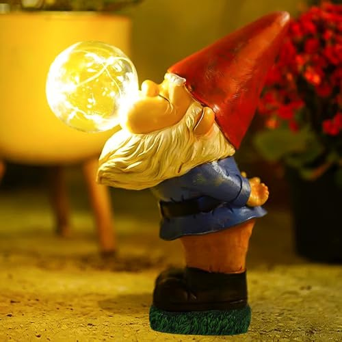 Syfunlv Gartenzwergstatue,Gartendeko Figuren,Kunstharz solarbe LED-Gartenlichter,Blasen-Blasen-Statue,27 * 22.5 * 11cm,Frecher Gartenzwerg,für Rasen, Outdoor-Dekorationen,Terrasse.