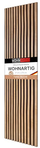 wohnartig® Akustikpaneele 1,485m² - 275cm x 54cm* set - (set = 2 Stück 275cm x 27cm) | Farbe: Buche 206 | Wandverkleidung | Lamellenverkleidung | Akustikpaneel | Wandpaneele auf filz | Akustikfilz