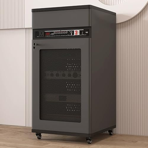 JIAOCKJIAO Phonoschrank, Stereoschrank mit Schublade, Audio Rack Hi Fi Regal mit Kabelloch, Bewegliches Record Player Stand mit Türschloss, mit Verstellbaren Regalen(Gray,52x55x108CM)