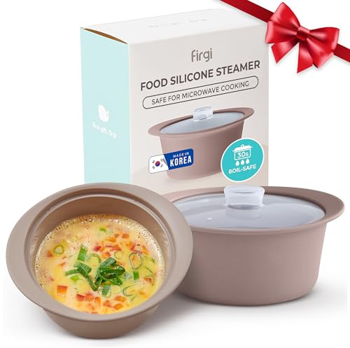FIRGI 27oz Platinum Silicone Microwave Steamer Pot with Handle & Lid - Korean 100% Food-Grade Steamer Bowl, Heat-Resistant Cooker with Steam Holes, Easy Clean, Dishwasher Safe, Taupe Brown