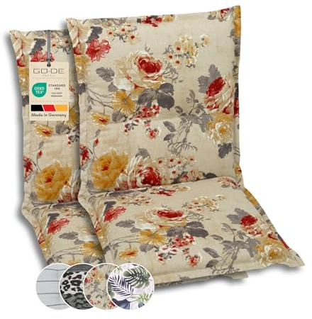 GO-DE Textil Bequeme und attraktive Polsterauflagen für Niederlehner-Gartenstühle (2er-Set, Blumen bunt beige, Niederlehner)