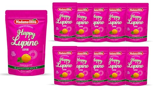 Madama Oliva Pack 10 Bustine Lupini Marinati all’Aceto 80g, Lupini Italiani, Deamarizzati e Cotti, Gusto Delicato, Senza Conservanti, Atmosfera Protettiva, Pratiche Bustine Easy Open