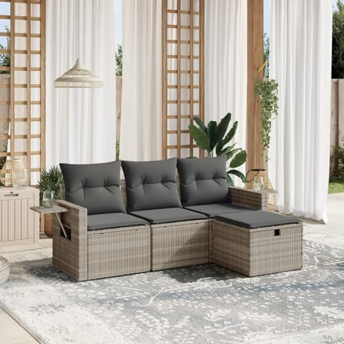 IKAYAA 4-TLG Balkon Lounge Rattan Sofa Klein - Gartenlounge Sitzecke Loungemöbel Gartensofa Ecksofa Hellgrau
