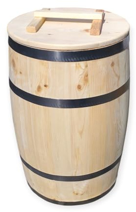 Tonneau en bois avec couvercle - Tonneau de pluie rustique ou de rangement en bois naturel - Fabriqué à la main et résistant aux intempéries - Idéal pour le jardin ou la terrasse - 135 litres