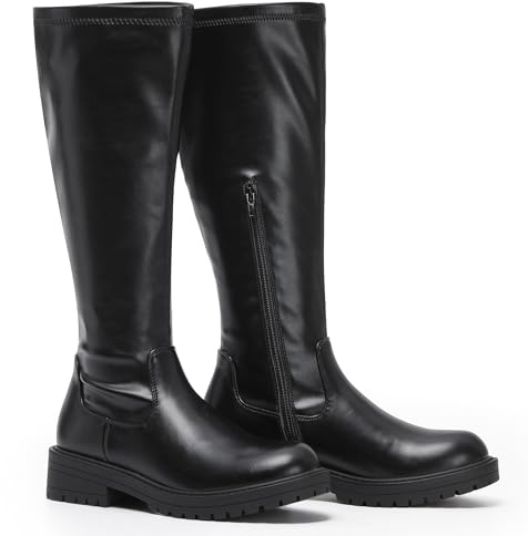 VIVASHOES Women's Black Knee High Flat Riding Boots Stretch – Faux Leather Winter Booties for Women, Slip-Resistant Chunky Sole, Low Heel Comfort Shoes – Stylish Everyday Tall Boots - Black 7