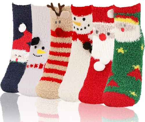 QKURT 6 par fluffiga strumpor för kvinnor tjocka termiska vinter mjuka mysiga korallfleece toffel sängstrumpor söt julstrumpa för flickor pojkar