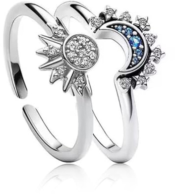 JYNXOR 1 paire Bague Couple, bague pour homme et femme, taille réglable, Bague Soleil et Lune, Bagues Motif Lune Soleil, Bague d'amitié, pour Femme,Couples, Cadeau de Noël de Saint-Valentin de mariage