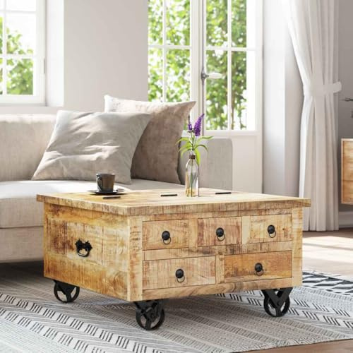 Refined Raues Mangoholz Couchtisch mit 5 Schubladen 1 Staufach Vintage Beistelltisch Wohnzimmertisch Kaffeetisch Sofatisch 70x70x40cm (Braun)