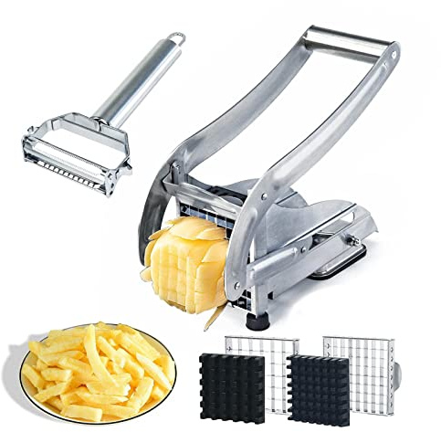 Cortador de patatas fritas acero inoxidable manual grado comercial con 2 cuchillas intercambiables base succión antideslizante pelador verduras perfecto para freidoras aire herramienta corte rápido y