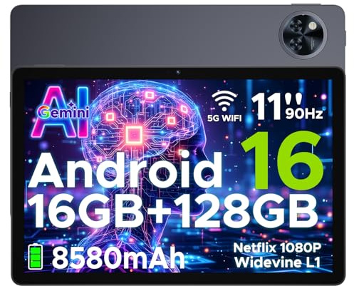 U11 Android 16 Tablet 11 Pollici Gemini AI 16GB RAM +128GB ROM (2TB TF) 8580mAh Gaming Tablet Unisoc T7200 Octa-Core 13MP+5MP Tablets PC WIFI 5/ GMS/ WidevineL1/ 3.5mm Audio/GPS/Face ID/OTG,Grigio