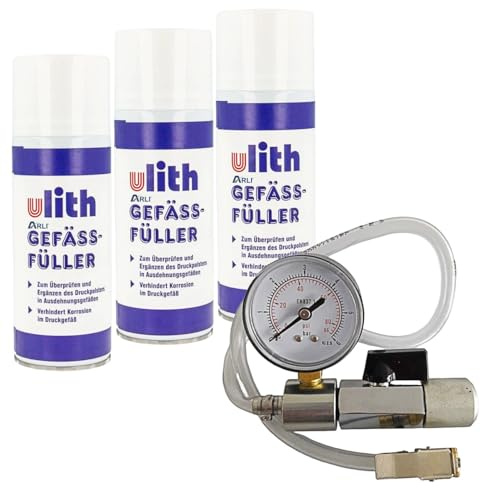 3x ARLI Gefäßfüller 400ml brennbar FCKW frei inkl. Anschlussadapter mit Absperrvorrichtung und Manometer für Membran Ausdehnungsgefäße (3 Dosen + 1 Adapter)