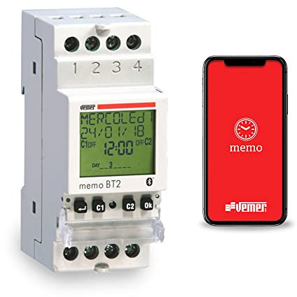 VEMER VE767700 MEMO BT2 - Digital Zeitschaltuhr mit Zeit oder Astro Programmierung, Bluetooth und App zur Schnittstelle mit Smartphones und Tablets, Montage DIN-Hutschiene, 2 Kanäle, Weiß