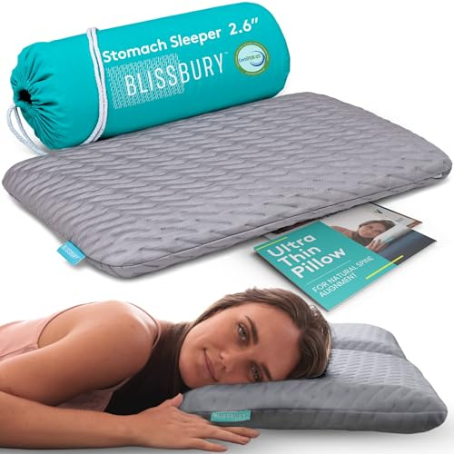 BLISSBURY Thin 2.6 Stomach Sleeping Memory Foam Pillow. Slim, Flat, Cooling Sleep for Belly or Back with Soft Bamboo Washable Cover, Neck and Head Support for Men and Women Bedding Accessories