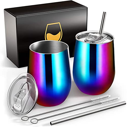 FloweryOcean Deux 350ml Verre à vin thermo acier inoxydable,isolation sous vide double couche mug,sans BPA,tasses à café réutilisables,adaptées aux au camping,aux voyages,coloré