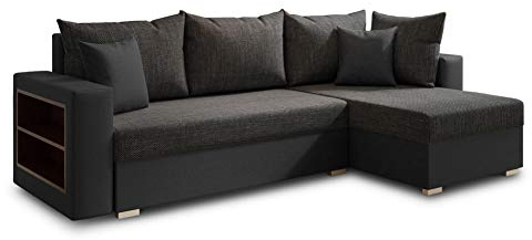 Ecksofa Lord mit Regal und Schlaffunktion - Sofa mit Bettkasten, Schlafsofa, Polsterecke, Couch L-Form, Couchgarnitur, Sofagarnitur (Schwarz + Schwarz (Dolaro 08 + Berlin 02), Ecksofa Rechts)