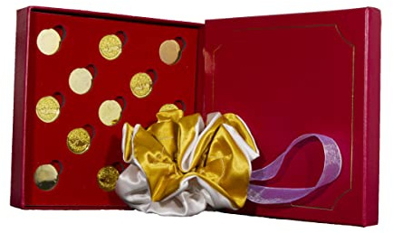 DOCOLASTRA Arras de la Vida © Doradas GRABADAS para Bodas DE Oro o Enlaces con Fecha y Nombres en Cada Arra en su Reverso,con saquito Reversible realizado por Nuestros Artesanos (Beis Dorado).