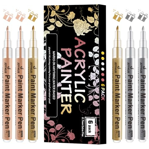 JEFFNIUB Acrylic Paint Pens - Gold, Silver, Rose Gold Metallic Marker Pens, Set of 6 Extra Fine 0.7mm Tip Acrylic Markers for Rock Painting, Fabric, Wood, Metal, Ceramic, Canvas