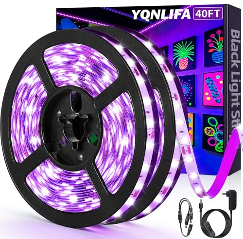 YQNLIFA 40FT Black Light Strip, Blacklight Flexible & Adhesive 720 LEDs, Black Light for Halloween, Neon Party, Birthday, Display Uranium Vaseline Glass, Posters, Curing Resin, Non-Waterproof Decor