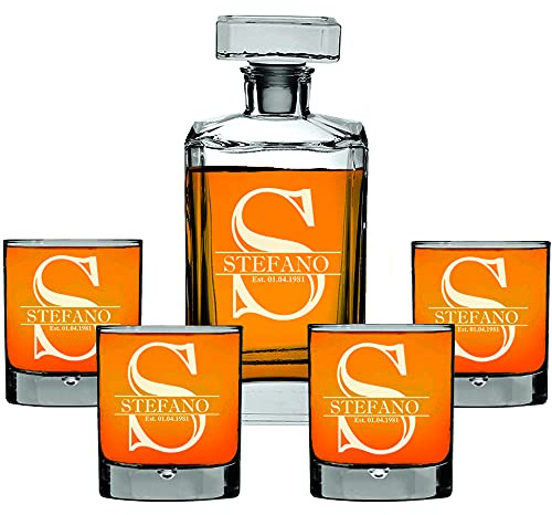 AIGAT Personalisierter Whiskey Karaffe, Individuell Graviert mit Name, Initiale und Jahr, Größe 700ml mit + 4Stk Whiskey Gläser